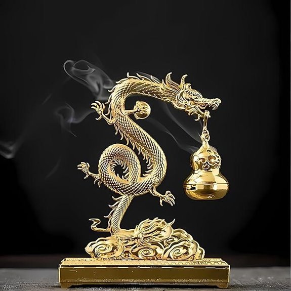 Golden Chinese Dragon Incense Holder with Gourd Socket