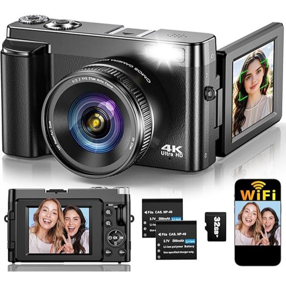 4K Digital Camera with 64MP WiFi Flip Screen